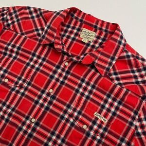 Lucky Brand Mens Red Plaid Pearl Snap Button Down Short Sleeve Shirt, Mens Z12